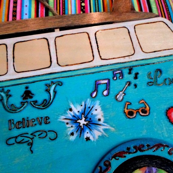 Wood Burned and Painted VW Hippie Van Wall Art Handmade One of a Kind - Picture 6 of 6